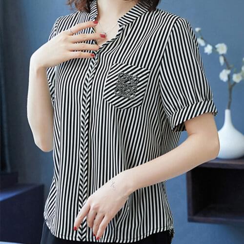 Womens Spring Summer Style Blouses Shirt Womens Short Sleeve V-neck Button Pockets Striped Loose Casual Tops SP035