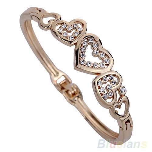 Women Chic Party Hollow Inlay Rhinestone Heart Bangle Rose Gold Alloy Bracelet Elegant Lady Jewelry Gift Bangles For Female 6 cm