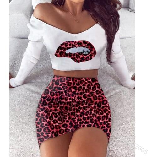 Women Sets Summer Sexy Club Suit Print Long Sleeve Top Leopard Mini Skirt Tracksuits Women Plus Size S-3XL Ropa Mujer Подходить