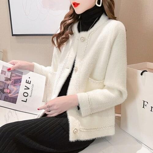 Womens short coat autumn and winter western style long-sleeved round neck cardigan temperament new mink fleece top