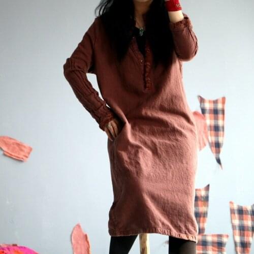 Women Autumn Winter Rough Linen Dress Ladies Patchwork Vintage Flax Dresses Female 2020 Long Sleeve Dress