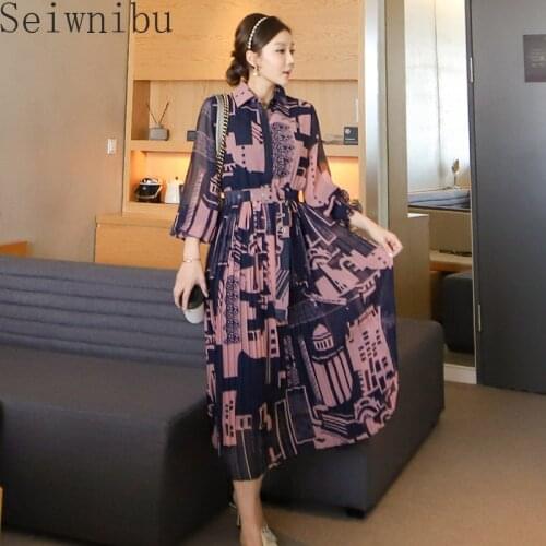 2021 Spring New Fashion Designers Geometric Print Midi Chiffon Dress Long Sleeve Woman Clothes Vintage Holiday Bohemian Vestidos