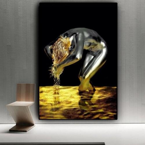 Golden Liquid Black Nude Woman Canvas Painting Wash Hair Cuadros Posters and Prints Scandinavian Wall Pictures for Living Room