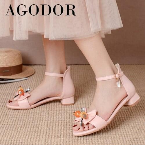 AGODOR Woman Shoes Sandals Ankle Strap Med Heels Buckle Thick Heel Sweet Sandals Crystal Bow Ladies Footwear Summer Pink Size 47