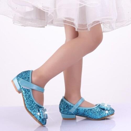 Princess Kids Leather Shoes For Girls Flower Casual Glitter Children High Heel Girls Shoes Butterfly Knot Blue Silver