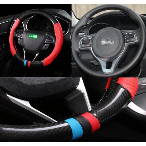 For KIA STINGER Universal Size M Car Steering Wheel Cover Carbon Fiber Red Leather