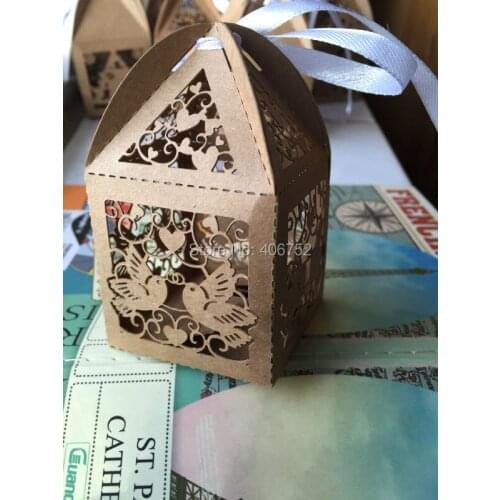 Brown kraft paper customized laser cut wedding favor and gift boxes laser cutting small wedding cake boxes with ribbon
