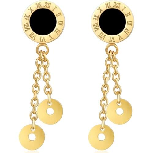 Fashion people titanium steel anti-allergic tassel earrings Roman digital black shell hanging double circle K303-1