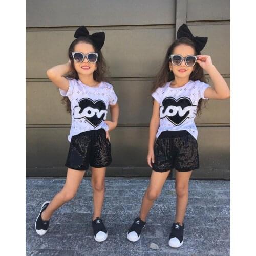 Fashionable Kids Sequin Suit, Short Sleeve Round Neck Top, Solid Color Sequin Shorts for Summer
