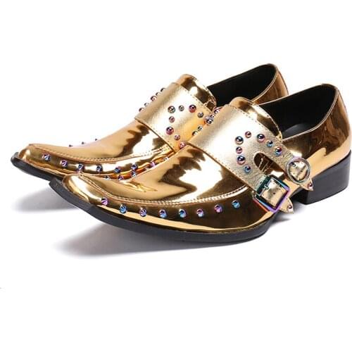 Luxury Gold Dress Patent Genuine Leather Men Oxford Shoes Square Toe Multicolor Rivets Wedding Formal Brogue Shoes Italian