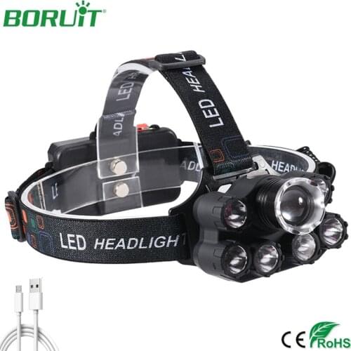 BORUiT Zoomable T6 + Q5 LED Headlamp Rechargeable COB Portable Flashtorch Multi Light Modes Headlights Outdoor 18650 Battery