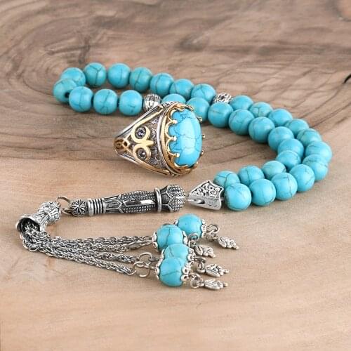 Natural Turquoise Stone Tasbih Mens Jewelry Sets with 925 Sterling Silver Men Rings Jewelry