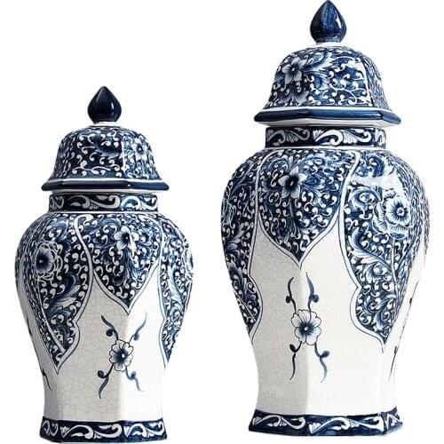 Nordic Blue Pattern General Jar Vase Flower Arrangement Desktop Decoration Large Ceramic Sealed Storage Jar Vase Home Decoration