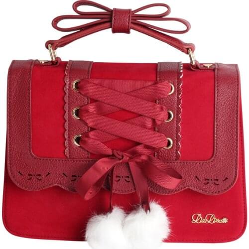 2020 New Fashion Cute Bowknot Hairball Red Handbag Harajuku Student Back Pack Lolita Sweet Girls Leather Shoulder Messenger Bag