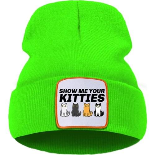 Show Me Your Kitties Print Solid Color Unisex Cap Cartoon Warm Winter Caps Solid Color Simple Knitted Caps Creative Quality Cap