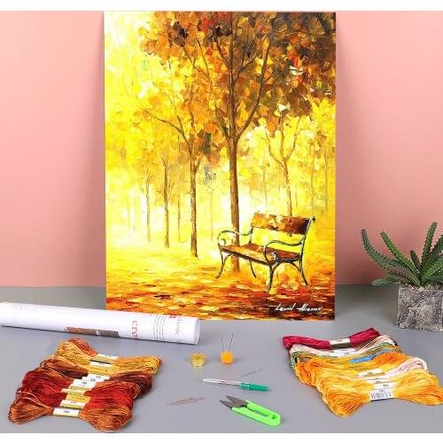 Autumn Vacation Printed Fabric 11CT Cross-Stitch Set DIY Embroidery DMC Threads Needlework Knitting Hobby Painting Decor