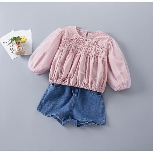 2-7 Years High Quality Spring Girl Clothing Set 2021 New Fashion Casual Solid Shirt + short Jeans Kid Children Girls Clothing