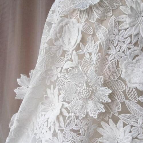 DIY NEW 3D white Milk Silk yarn lace fabric beaded embroidered cloth for wedding dress / curtains DIY 1order=1 yard