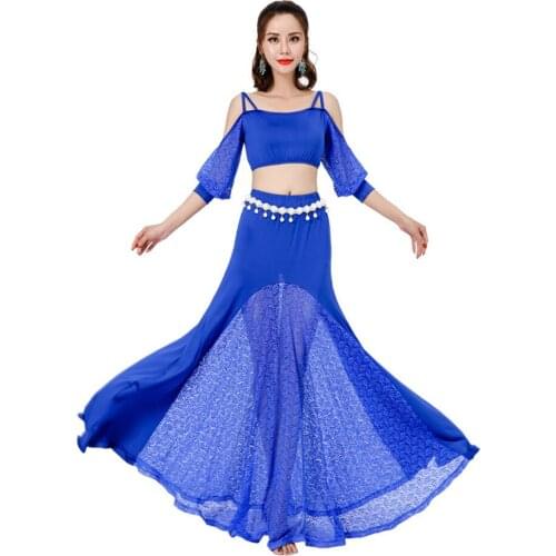 Bare Shoulder Lace Sleeve Sexy Belly Dance Dress Women Tops Lace Patchwork Skirt Dancing costumes for Performamnce 58057