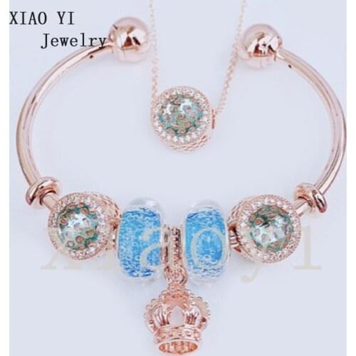 XIAOYI 2020 New 100% S925 Green cat eye crown blue glaze for European fashion open bracelet matching cat eye necklace female