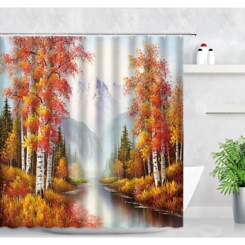 Rural Scenery Oil Painting Shower Curtain Red Forest Mountain Water Landscape Green Bamboo Birds Fabric Bathroom Decor Curtains