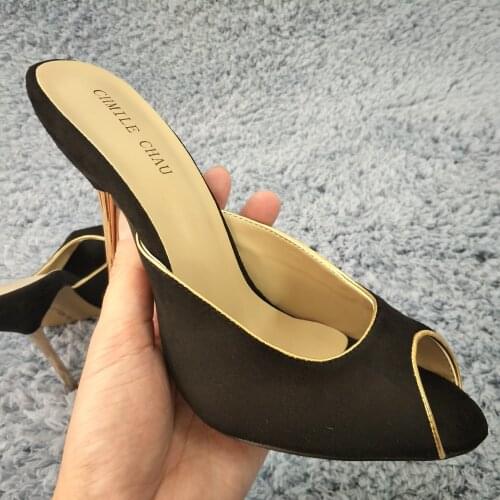 Sexy Black Suede Slide Sandals High Heel Popular Dress Party Women Sandals Summer New Peep Toe Stiletto 11cm Heels Shoes