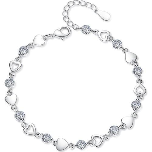 925 Sterling Silver Crystal Heart Charm Bracelet&Bangle For Women Elegant Fashion Jewelry Pulseras sl313