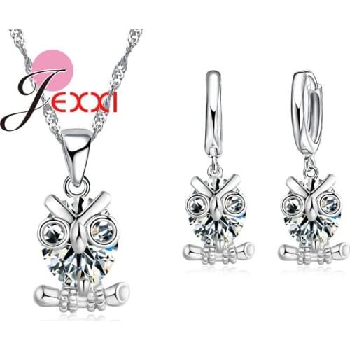 Women Girl Best Gifts 925 Sterling Silver Clear Crystal Animal Owl Pendant Necklace Earrings Sets for Women Bridal Bijoux