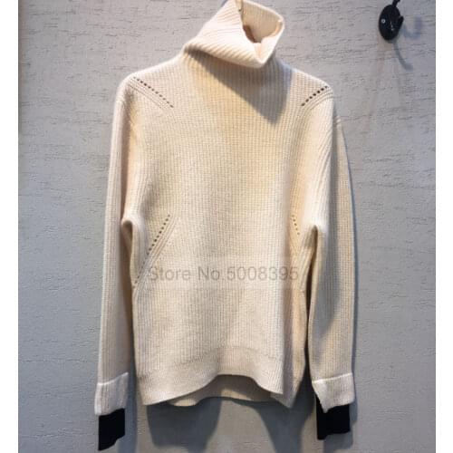 100% Cashmere Sweater Turtleneck Long Sleeves Contrast Cuffs Winter Woman Knitwear