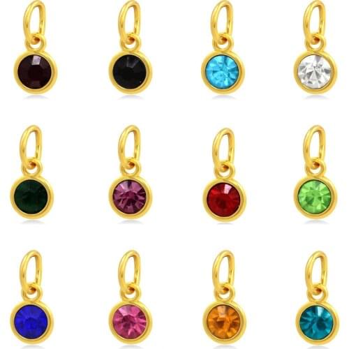 12pcs Round Gold Color Birthstone DIY Birthday Stones 12 Months Alloy Size 7*15mm Charms Pendants with Open Circle