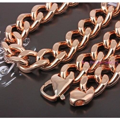 7"-40" Custom Sizes Heavy 15mm Wide 316L Stainless Steel Rose Gold Charming Mens Curb Cuban Chain Necklace or Bracelet Jewelry