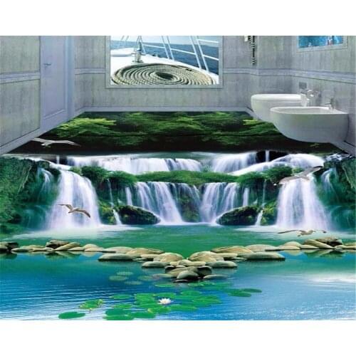 Beibehang Customized Groundwater Waterfall Forest Green Wallpaper Fantasy 3D Bathroom Floor Bedroom Selfadhesive 3d flooring