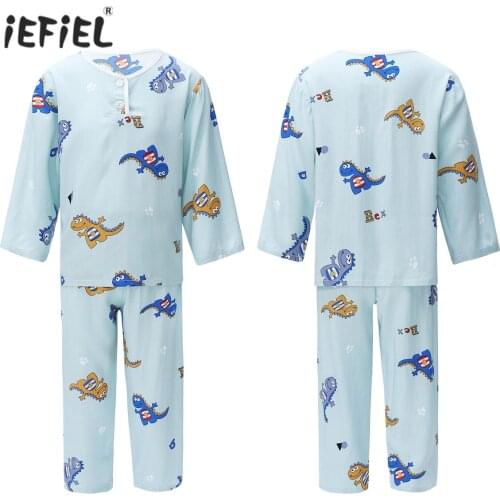 Kids Pajamas For Boys Girls Sleepwear Pyjamas Set Long Sleeves Dinosaur Planet Pattern T-shirt + Pants Children Casual Homewear