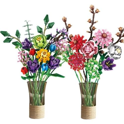 DIY Flowers Bouquet Phalaenopsis Rose Friends House Moc Potted Plants Building Blocks Beautiful Ornaments Toys For Girl
