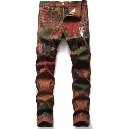 Mens Camo Printed Jeans, Young Washing Tight Pants