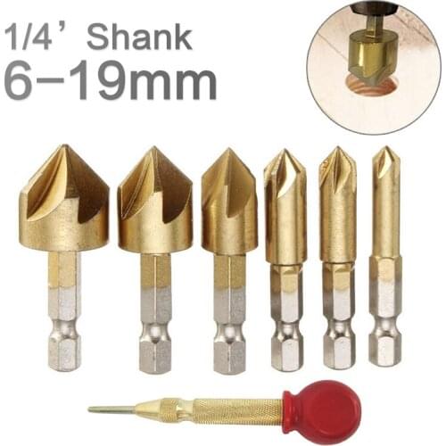 HSS 6-19mm Chamfer Countersink Chamfer Titanium-Plated Drill Bit 1/4" Hex Shank 90 Degree Wood Chamfering Cutter 6mm-19mm
