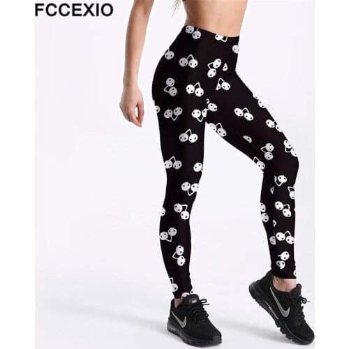 FCCEXIO New Style High Quaility 3D Cherry Skulls Digital Printing Women Leggings Fashion High Waist Slim Fitness Legging
