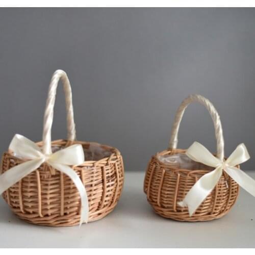 Woven Flower Basket Rattan Storage Basket Flower Girl Hand Basket Handmade Flower Basket with Bow