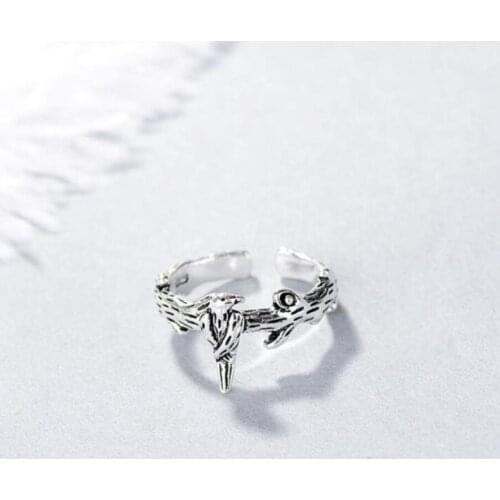 Sole Memory Vintage Literary Tree Branch Bird Cute Wild 925 Sterling Silver Female Resizable Opening Rings SRI229