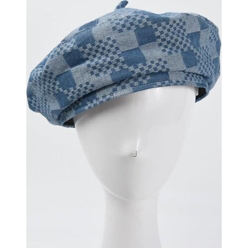 Fashion Retro Beret Hats For Women Autumn Winter Denim Lattice Beanie Hat Flat Top Travel Cap Female Party Windproof New 2021