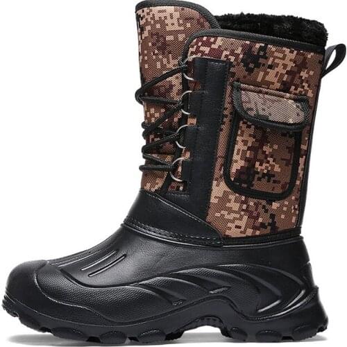 2020 Winter Camouflage Snow Men Boots Rain Shoes Waterproof with Fur Plush Warm Male Casual Mid-Calf Work Fishing Pocket Boot