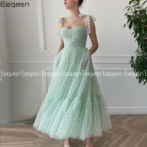 Mint Green Hearty Evening Dresses 2021 Tiered Tulle Women Elegant Prom Dress with Pockets Tea-Length Wedding Party Dresses