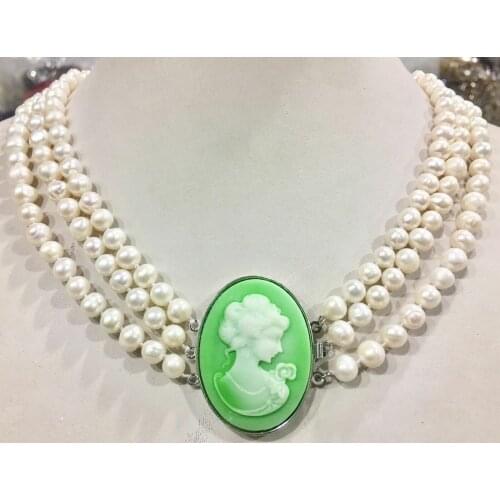 New 3Row 7-8mm white Freshwater cultured pearl Necklace Cameo Beauty Clasp