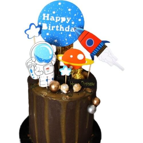 Happy Birthday Cake Toppers Astronaut Spaceship Cake Insert Card Plugins Cake Flag Cake Decorations Tools for Kids Dream Party