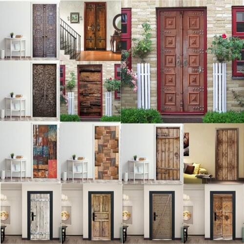 Retro PVC Wallpaper Wooden Door Sticker Poster For Living Room Home Decoration Mural DIY Waterproof Renovation Decal deursticker