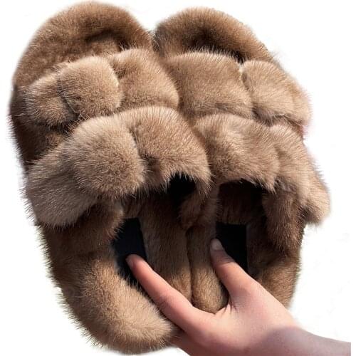 European Luxury Resort Fashion Fur Slippers High Quality 100%Mink Leather Slippers Ladies Fur Shoes Flat Slippers