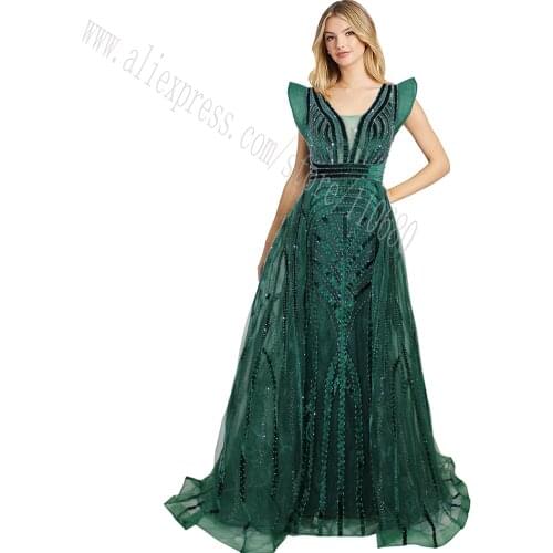 2021 Muslim Luxury Evening Dresses Gowns V-Neck Hand Beading Girl Party Dress Bridal Green