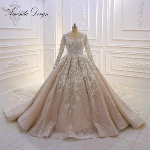 Amanda Design brautkleid boho Long Sleeve Lace Appliques Sparkling Crystal Wedding Dress Champagne 2019