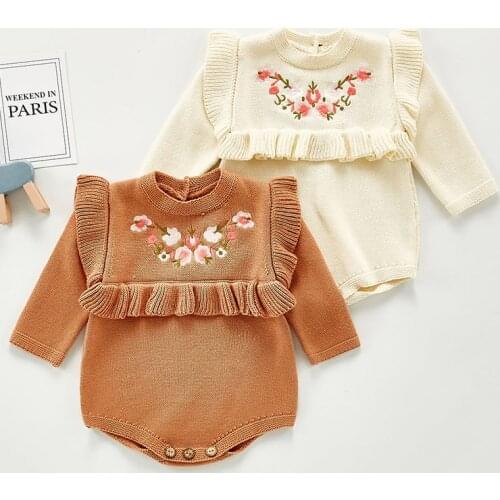Korean Style Spring Autumn Baby Girls Clothes Infant Baby Girl Embroidery Jumpsuit Toddler Baby Girl Knitting Bodysuits
