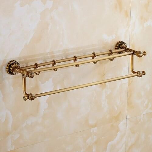 Vidric Towel Bars Solid Brass 2 Rails 5 Towel Hooks Bathroom Shelf Storage Hanger Towel Rack Wall Mounted Shelves Towel